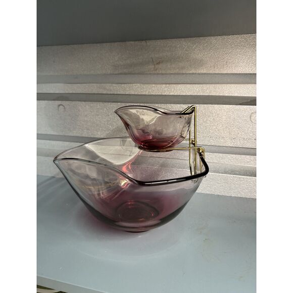Vintage Indiana Glass Cranberry Chip & Dip Bowl Set w/ Metal Bracket Mid Century - Picture 4 of 11